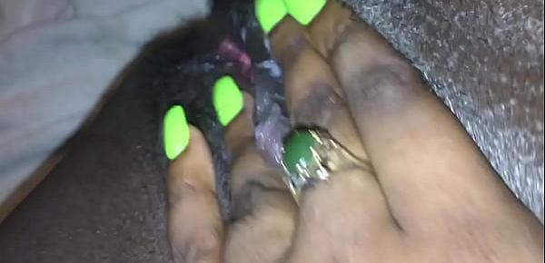  Fingering my tight black creamy pink pussy